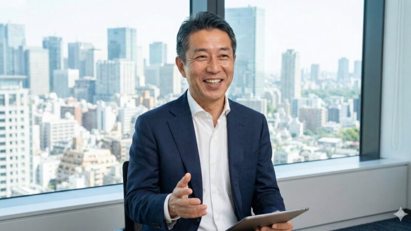 オフィスの窓際でタブレットを持つ笑顔の経営者男性