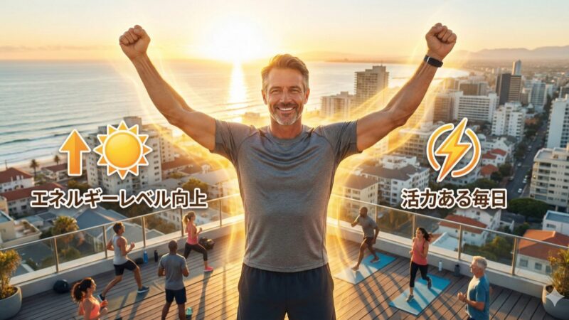 朝日を背に両腕を上げる活力あふれる男性のイメージ